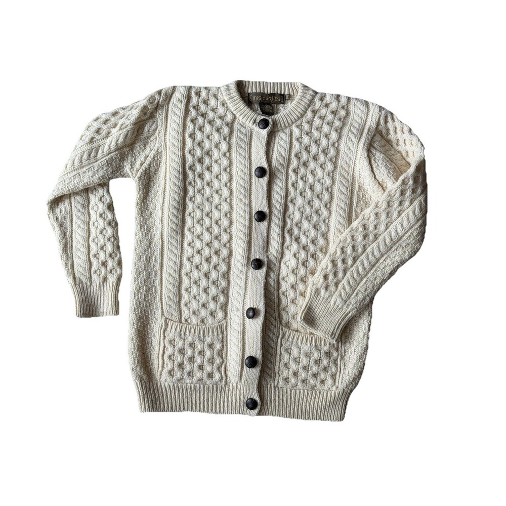 Inis Crafts Merino Wool Ivory Cable Knit Cardigan Sweater Ireland Size Med